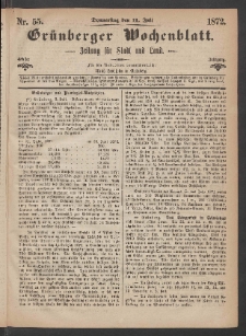 Gr&uuml;nberger Wochenblatt: Zeitung f&uuml;r Stadt und Land, No. 55. (11. Juli 1872)