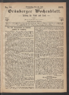 Gr&uuml;nberger Wochenblatt: Zeitung f&uuml;r Stadt und Land, No. 57. (18. Juli 1872)