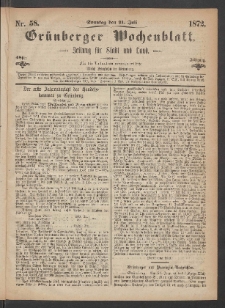 Gr&uuml;nberger Wochenblatt: Zeitung f&uuml;r Stadt und Land, No. 58. (18. Juli 1872)