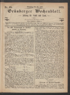 Grünberger Wochenblatt: Zeitung für Stadt und Land, No. 58. (18. Juli 1872)