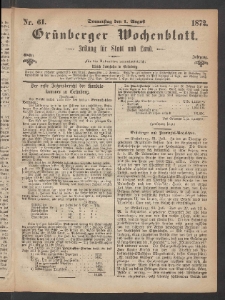 Grünberger Wochenblatt: Zeitung für Stadt und Land, No. 61. (1. August 1872)