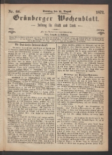 Gr&uuml;nberger Wochenblatt: Zeitung f&uuml;r Stadt und Land, No. 64. (11. August 1872)