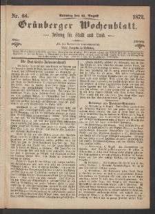 Grünberger Wochenblatt: Zeitung für Stadt und Land, No. 64. (11. August 1872)