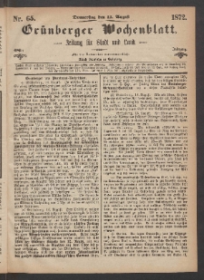 Grünberger Wochenblatt: Zeitung für Stadt und Land, No. 65. (15. August 1872)