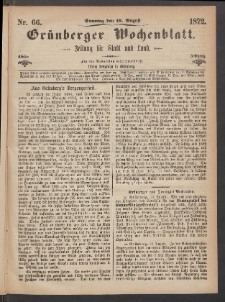 Grünberger Wochenblatt: Zeitung für Stadt und Land, No. 66. (18. August 1872)