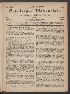 Gr&uuml;nberger Wochenblatt: Zeitung f&uuml;r Stadt und Land, No. 68. (25. August 1872)
