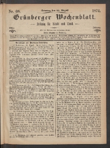 Grünberger Wochenblatt: Zeitung für Stadt und Land, No. 68. (25. August 1872)