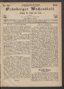 Gr&uuml;nberger Wochenblatt: Zeitung f&uuml;r Stadt und Land, No. 69. (29. August 1872)