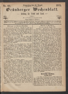 Grünberger Wochenblatt: Zeitung für Stadt und Land, No. 69. (29. August 1872)