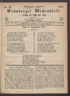 Grünberger Wochenblatt: Zeitung für Stadt und Land, No. 70. (1. September 1872)