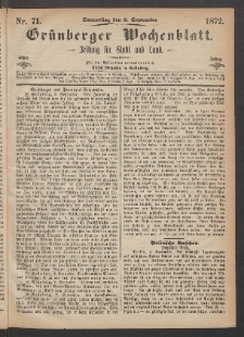 Gr&uuml;nberger Wochenblatt: Zeitung f&uuml;r Stadt und Land, No. 71. (5. September 1872)