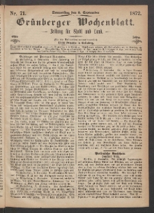 Grünberger Wochenblatt: Zeitung für Stadt und Land, No. 71. (5. September 1872)