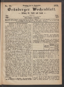 Grünberger Wochenblatt: Zeitung für Stadt und Land, No. 72. (8. September 1872)