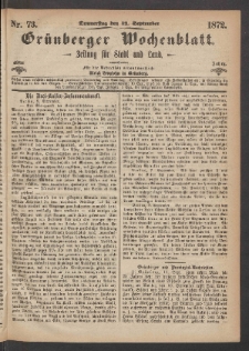Grünberger Wochenblatt: Zeitung für Stadt und Land, No. 73. (12. September 1872)