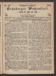 Gr&uuml;nberger Wochenblatt: Zeitung f&uuml;r Stadt und Land, No. 74. (15. September 1872)
