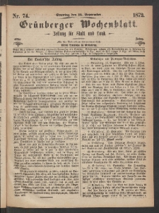 Grünberger Wochenblatt: Zeitung für Stadt und Land, No. 74. (15. September 1872)