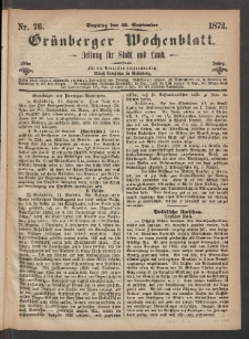 Gr&uuml;nberger Wochenblatt: Zeitung f&uuml;r Stadt und Land, No. 76. (22. September 1872)