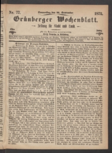 Grünberger Wochenblatt: Zeitung für Stadt und Land, No. 77. (26. September 1872)