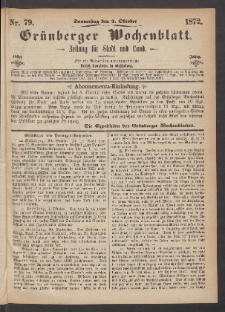 Grünberger Wochenblatt: Zeitung für Stadt und Land, No. 79. (3. Oktober 1872)