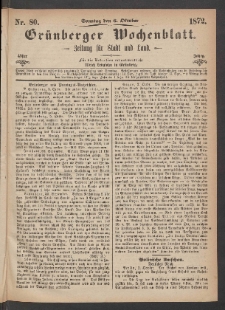 Gr&uuml;nberger Wochenblatt: Zeitung f&uuml;r Stadt und Land, No. 80. (6. Oktober 1872)