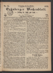 Gr&uuml;nberger Wochenblatt: Zeitung f&uuml;r Stadt und Land, No. 85. (24. Oktober 1872)