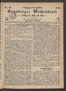 Grünberger Wochenblatt: Zeitung für Stadt und Land, No. 85. (24. Oktober 1872)