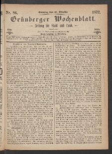 Gr&uuml;nberger Wochenblatt: Zeitung f&uuml;r Stadt und Land, No. 86. (27. Oktober 1872)