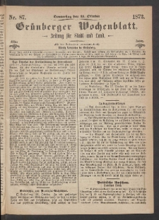 Grünberger Wochenblatt: Zeitung für Stadt und Land, No. 87. (31. Oktober 1872)