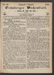 Grünberger Wochenblatt: Zeitung für Stadt und Land, No. 88. (3. November 1872)