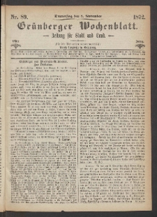 Grünberger Wochenblatt: Zeitung für Stadt und Land, No. 89. (7. November 1872)