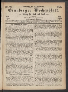 Gr&uuml;nberger Wochenblatt: Zeitung f&uuml;r Stadt und Land, No. 91. (14. November 1872)