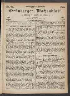 Gr&uuml;nberger Wochenblatt: Zeitung f&uuml;r Stadt und Land, No. 92. (17. November 1872)