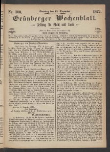 Grünberger Wochenblatt: Zeitung für Stadt und Land, No. 100. (15. Dezember 1872)