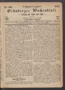 Grünberger Wochenblatt: Zeitung für Stadt und Land, No. 103. (24. Dezember 1872)