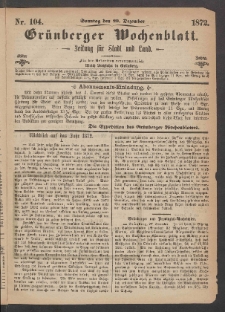 Grünberger Wochenblatt: Zeitung für Stadt und Land, No. 104. (29. Dezember 1872)