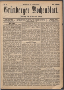 Gr&uuml;nberger Wochenblatt: Zeitung f&uuml;r Stadt und Land, No. 5. (11. Januar 1889)