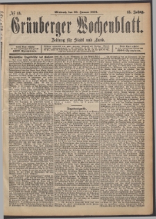 Gr&uuml;nberger Wochenblatt: Zeitung f&uuml;r Stadt und Land, No. 13. (30. Januar 1889)