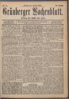 Gr&uuml;nberger Wochenblatt: Zeitung f&uuml;r Stadt und Land, No. 14. (1. Februar 1889)