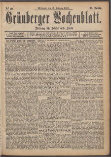 Gr&uuml;nberger Wochenblatt: Zeitung f&uuml;r Stadt und Land, No. 19. (13. Februar 1889)