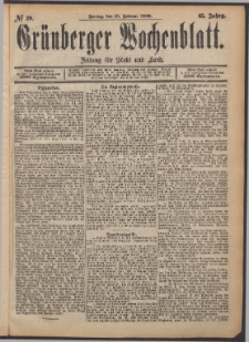 Gr&uuml;nberger Wochenblatt: Zeitung f&uuml;r Stadt und Land, No. 20. (15. Februar 1889)