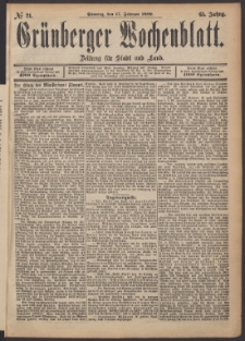 Gr&uuml;nberger Wochenblatt: Zeitung f&uuml;r Stadt und Land, No. 21. (17. Februar 1889)