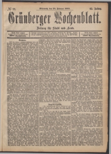 Gr&uuml;nberger Wochenblatt: Zeitung f&uuml;r Stadt und Land, No. 22. (20. Februar 1889)
