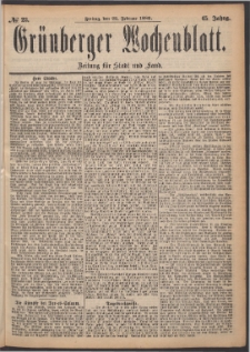 Gr&uuml;nberger Wochenblatt: Zeitung f&uuml;r Stadt und Land, No. 23. (22. Februar 1889)