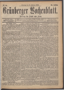 Gr&uuml;nberger Wochenblatt: Zeitung f&uuml;r Stadt und Land, No. 24. (24. Februar 1889)