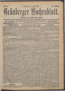 Gr&uuml;nberger Wochenblatt: Zeitung f&uuml;r Stadt und Land, No. 27. (3. M&auml;rz 1889)