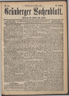 Gr&uuml;nberger Wochenblatt: Zeitung f&uuml;r Stadt und Land, No. 28. (6. M&auml;rz 1889)