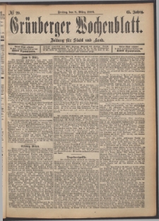 Gr&uuml;nberger Wochenblatt: Zeitung f&uuml;r Stadt und Land, No. 29. (8. M&auml;rz 1889)