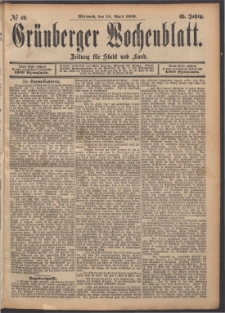 Gr&uuml;nberger Wochenblatt: Zeitung f&uuml;r Stadt und Land, No. 49. (24. April 1889)