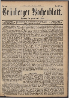 Gr&uuml;nberger Wochenblatt: Zeitung f&uuml;r Stadt und Land, No. 73. (19. Juni 1889)