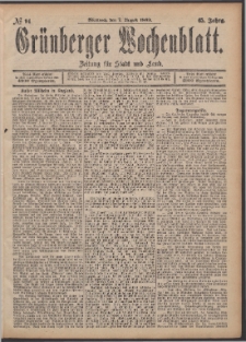 Gr&uuml;nberger Wochenblatt: Zeitung f&uuml;r Stadt und Land, No. 94. (7. August 1889)